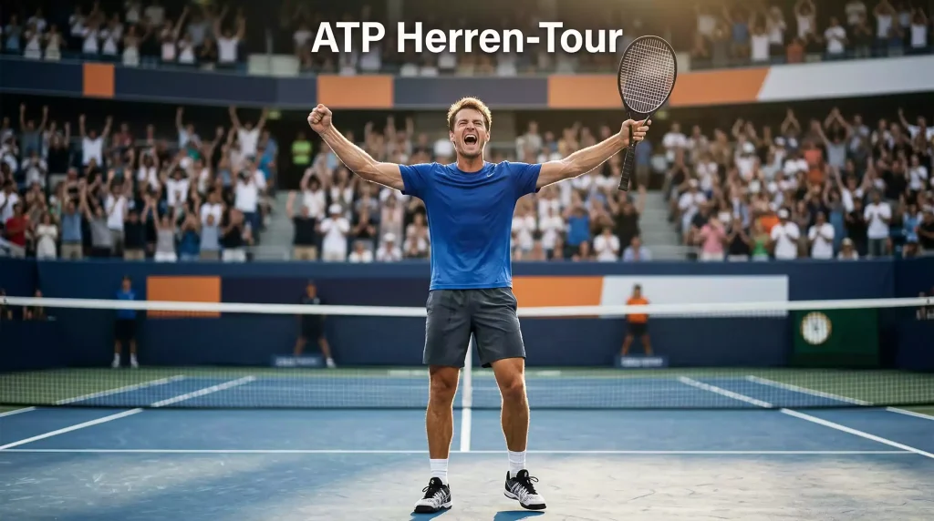 Tennisspieler feiert einen Punktgewinn auf einem ATP-Tour-Hartplatz