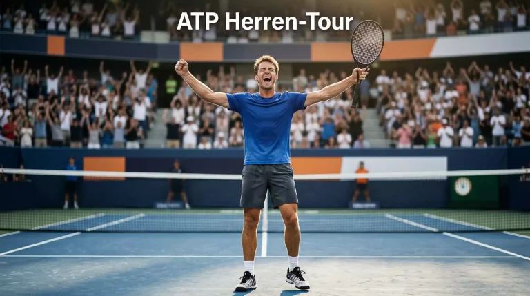 Tennisspieler feiert einen Punktgewinn auf einem ATP-Tour-Hartplatz