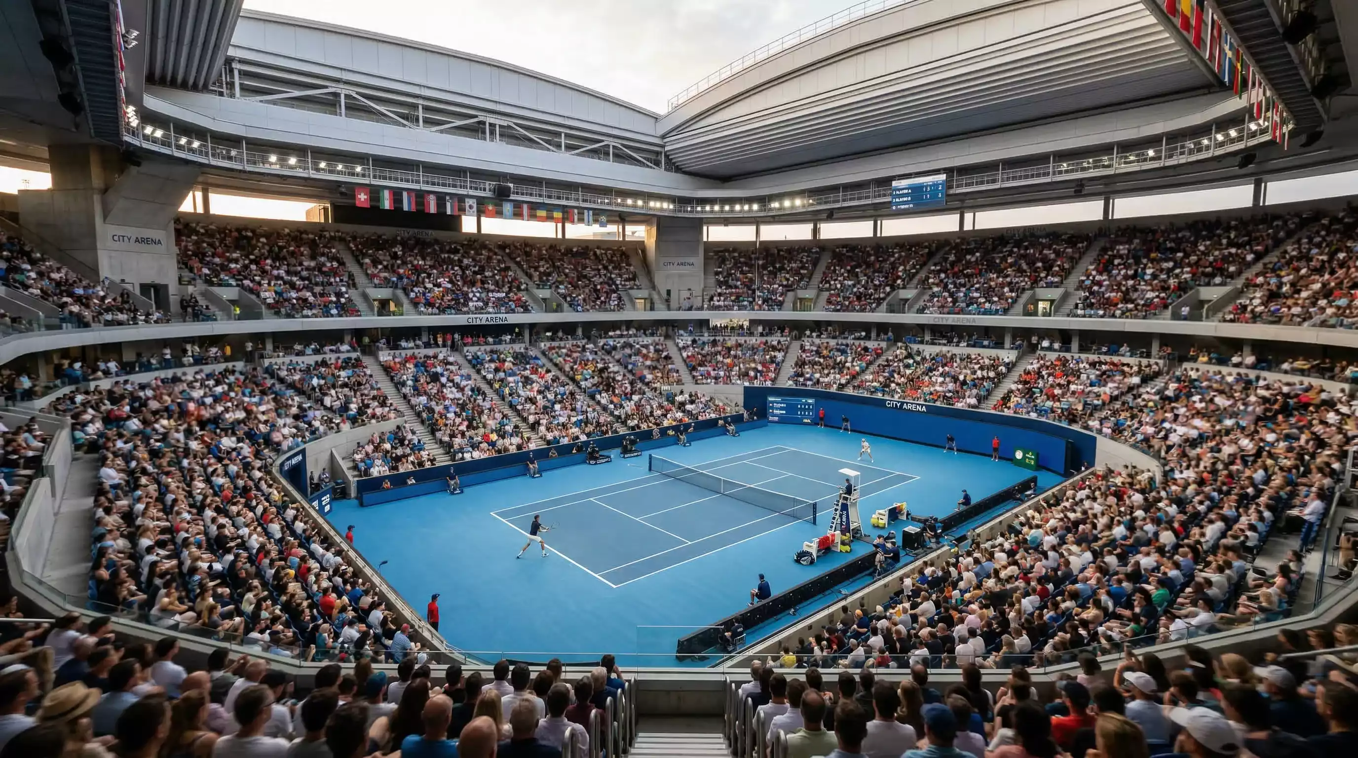 ATP Tennisturnier mit Zuschauern in moderner Arena