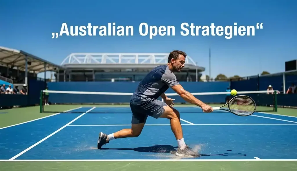 Tennisspieler spielt bei strahlendem Sonnenschein auf einem blauen Hartplatz in Melbourne