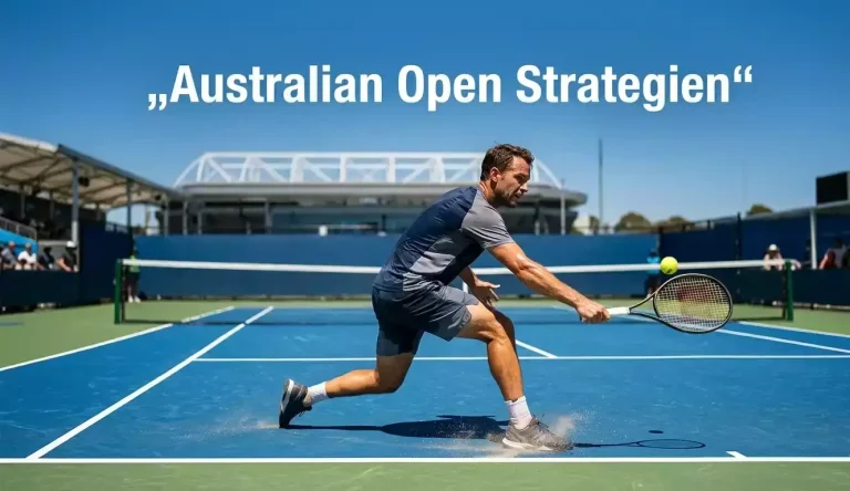 Tennisspieler spielt bei strahlendem Sonnenschein auf einem blauen Hartplatz in Melbourne