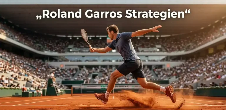 Tennisspieler schlägt auf rotem Sandplatz bei Roland Garros mit Tribüne im Hintergrund