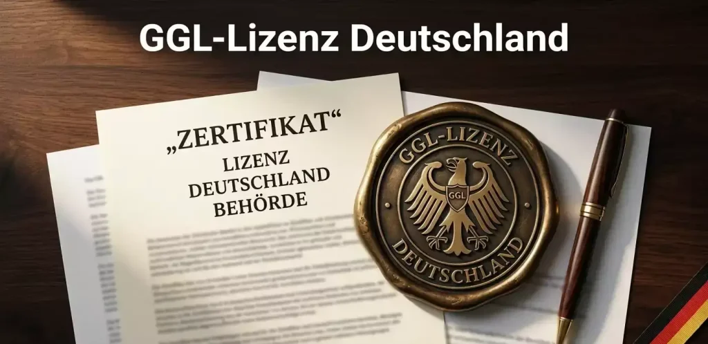 Offizielle Dokumente und ein Stempel symbolisieren die GGL-Lizenzierung in Deutschland