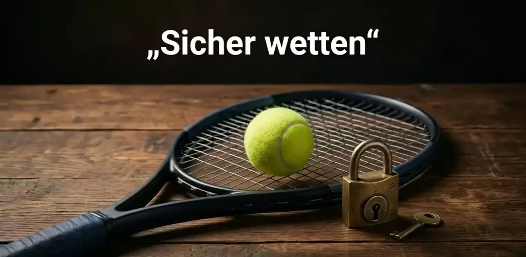 Tennisschläger und Ball liegen auf einem Platz neben einem Sicherheitsschloss-Symbol