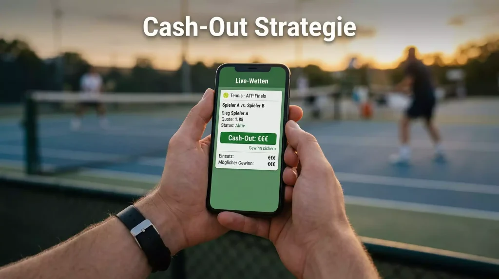 Person prüft eine Sportwetten-App auf dem Smartphone neben einem Tennisplatz