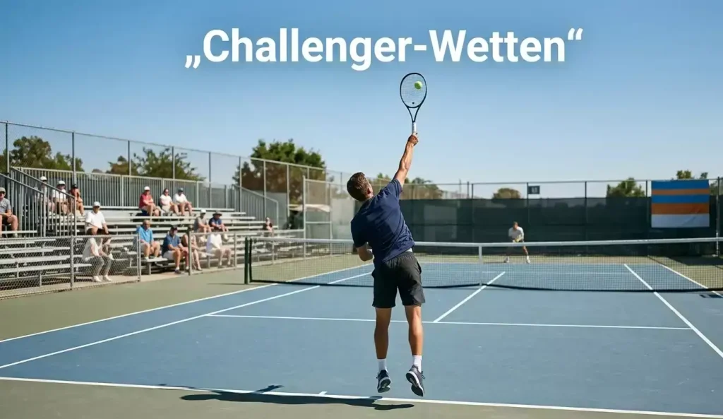 Tennisspieler auf einem kleinen Challenger-Turnier-Platz mit wenigen Zuschauern
