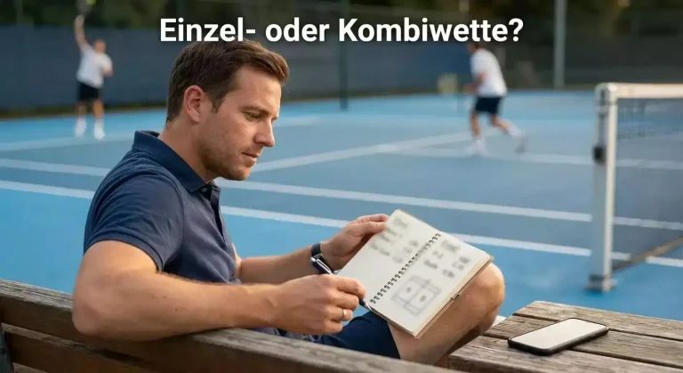 Person analysiert Sportwetten-Optionen mit Notizblock neben einem Tennisplatz