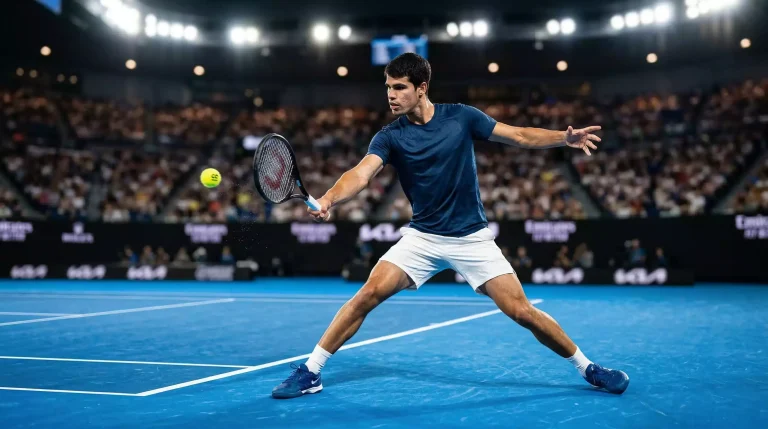 Tennisspieler schlägt eine Vorhand auf blauem Hartplatz bei Flutlicht