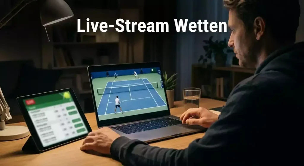 Person schaut ein Tennis-Match per Live-Stream auf einem Laptop