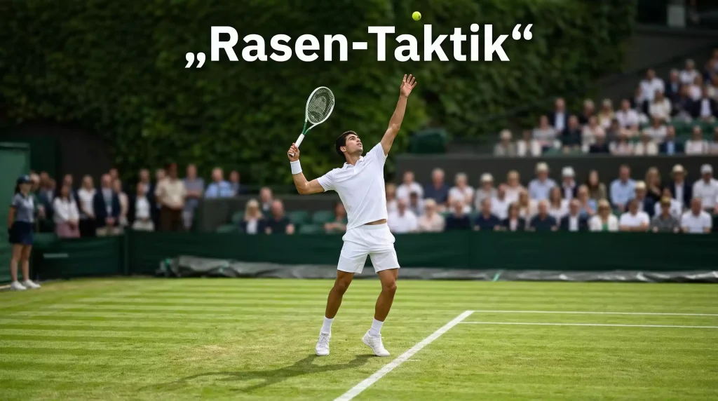Tennisspieler beim Aufschlag auf gepflegtem grünem Rasenplatz