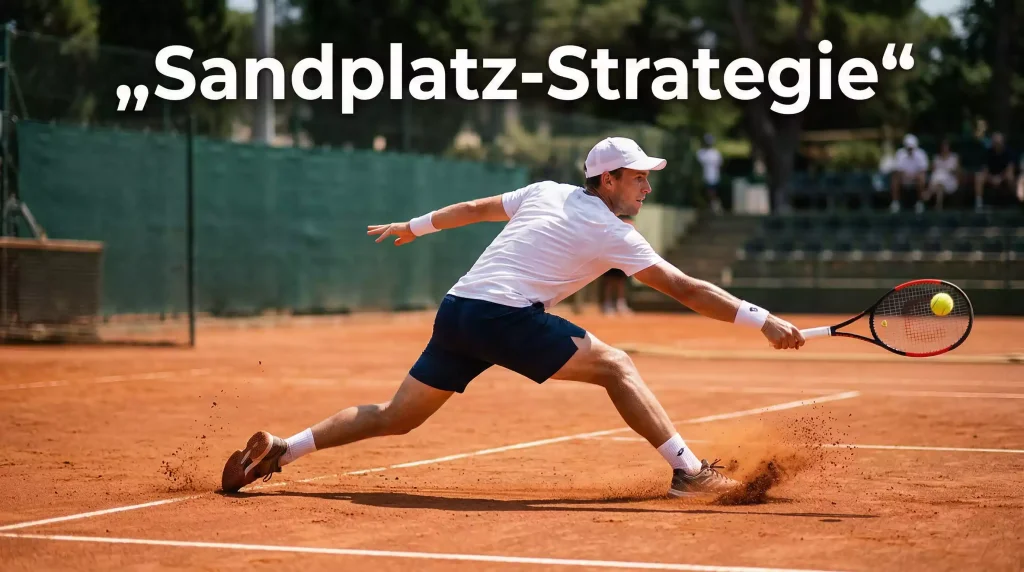 Tennisspieler rutscht auf rotem Sandplatz während eines Ballwechsels
