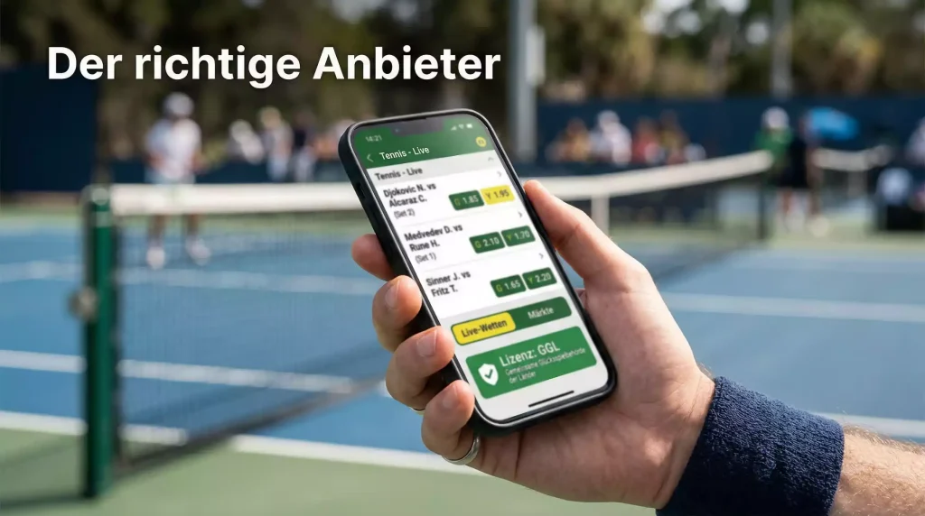 Tennis Wettanbieter Vergleich – Smartphone mit Wett-App auf einem Tennisplatz