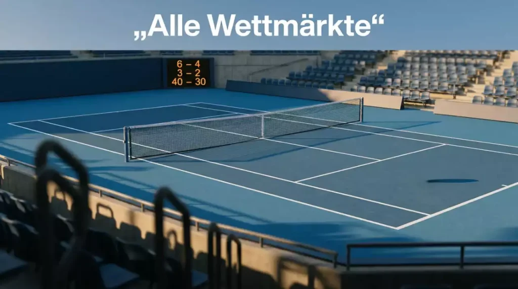 Tennis Wettarten – Tennisplatz mit Scoreboard und verschiedenen Wettmärkten