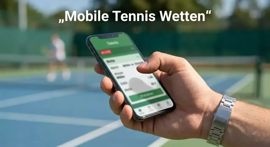 Hand hält ein Smartphone mit einer Sportwetten-App neben einem Tennisplatz