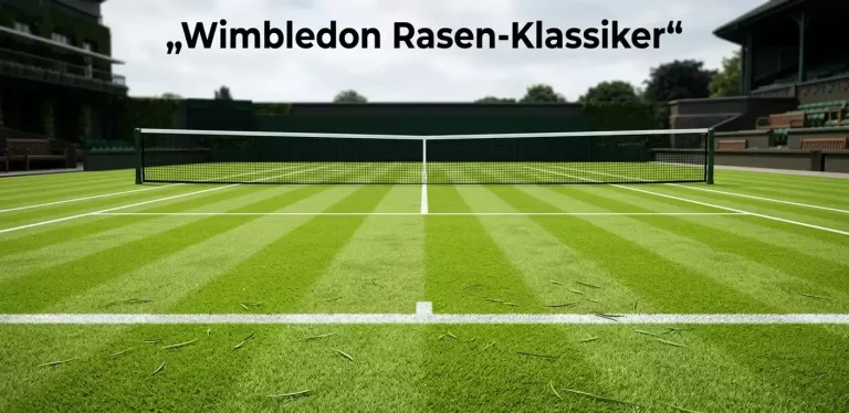 Gepflegter grüner Rasen-Tennisplatz mit weißen Linien und Netz im Sonnenlicht