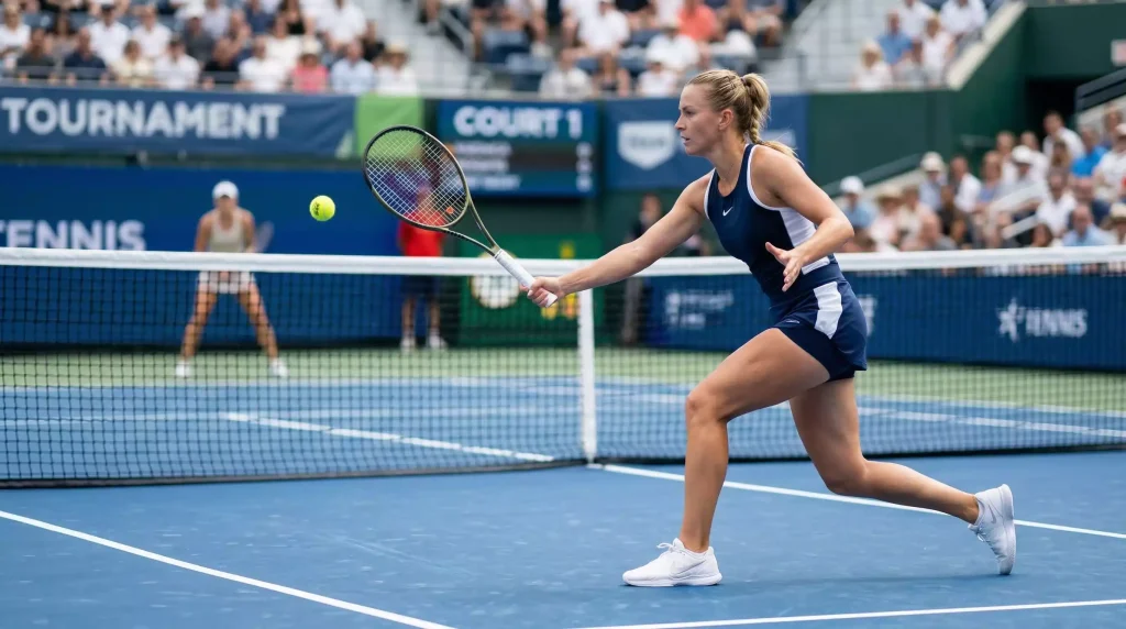 Tennisspielerin schlägt eine kraftvolle Vorhand auf einem Hartplatz