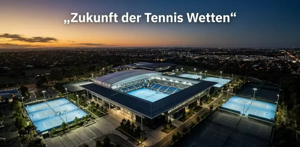 Tennisplatz von oben bei Abenddämmerung mit modernem Stadion und Flutlichtmasten